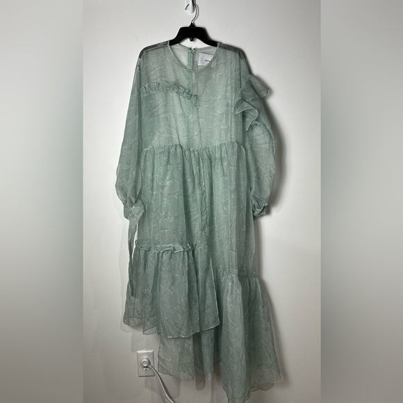 KkCo Nine Twenty-Seven Asymmetrical Ruffle Sheer Organza Dress Warped Moss - Picture 3 of 12